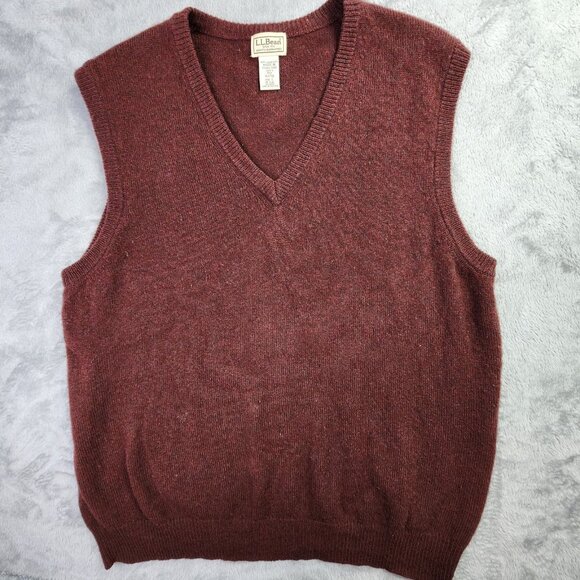 LL Bean Lambswool Sweater Vest Men L Burgundy Red Knit Sleeveless Office Preppy - Picture 1 of 7
